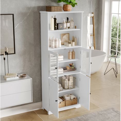 Badhochschrank modern aus MDF in Weiß 57,5 x 28,5 x 160 cm, 4 Türen, 2 offene Fächer, verstellbare Einlegeböden (1/5)