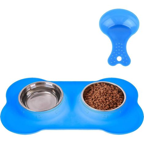 Gamelles pour chien (2 unités) en acier inoxydable avec tapis antidérapant en silicone anti-déversement + pelle à croquettes + distributeur d'eau et de nourriture. (1/4)