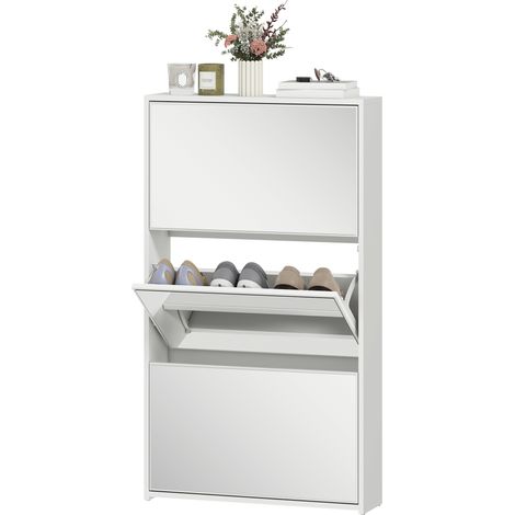 Armoire à chaussures étroite 3 portes miroir 9 paires 65x17x114,5 cm Blanc