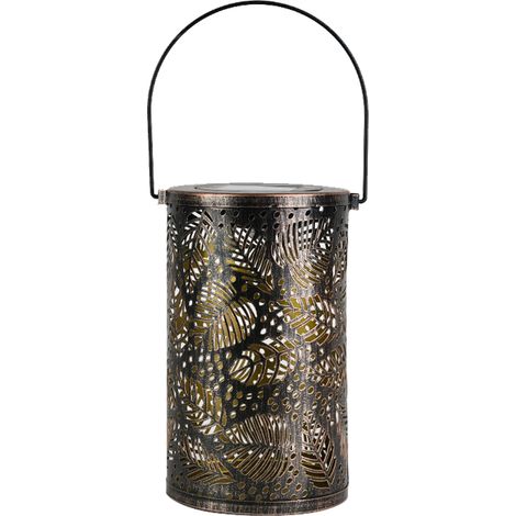 Farol solar impermeable para uso exterior con iluminación integrada, de estilo retro, fabricado en metal perforado, decorativo y para colgar en el jardín, terraza o patio. (1/5)