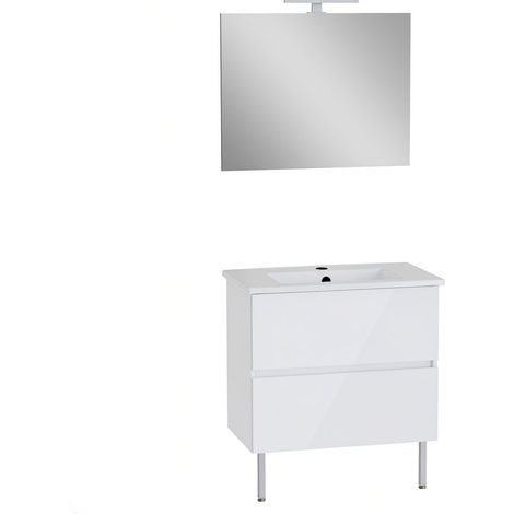 VitrA Pack meuble 80cm blanc brillant 2 tiroirs Mia Plus Square, plan céramique, miroir avec éclairage Led (1/3)