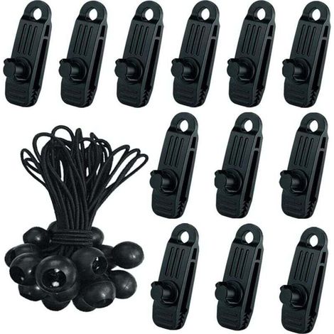 24x Clip de Tente Bâche avec 12x Pince pour bache et 12x Tendeur Corde Elastique, Pince a oeillet pour bache Camping Accessoires pour Tentes, bache Piscine, Bâches, Auvents, Gazebos Tente