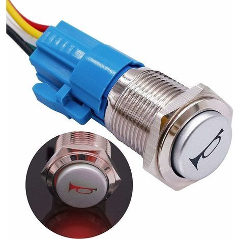 16MM Interrupteur à bouton de klaxon momentané bouton-poussoir 12V Commutateur de Horn Interrupteur de réinitialisation Bouton avec Lumières LED Roue avec prise pour voiture Camion LB16-R (1/5)