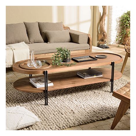 SIXTINE - Table basse bois teck recyclé 2 niveaux plateau amovible (1/5)