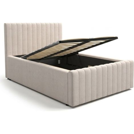 Letto contenitore ELORIA 120x200 in tessuto bouclé beige con testiera capitonnata e rete inclusa (1/5)