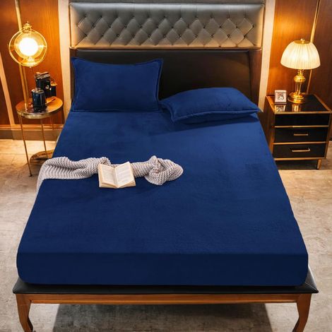 Drap-housse en flanelle - Chaud - 160x200 cm - Hiver - Bleu - Touche cachemire - Pour sommier tapissier - En velours - Couette douce - Convient pour des matelas de 25–30 cm d’épaisseur (1/5)