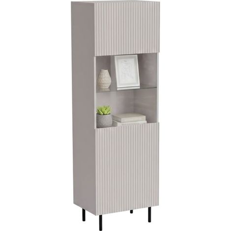 Vitrina Luzzana, vitrina de salón con puerta de cristal y detalle, elevada del suelo, 60 x 42 h 183 cm, beige