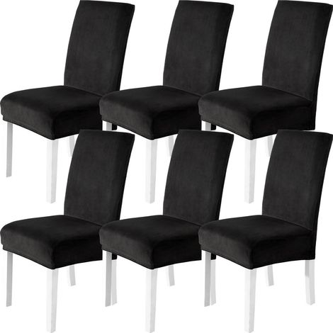 Stuhlhussen Samt 6er Set, Stretch Stuhlbezug für Hochlehner & Schwingstühle, Waschbar, Schwarz (1/5)