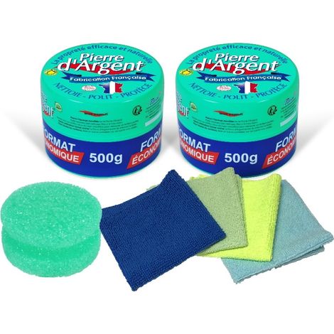 Lot Pierre d'Argent ECOCERT 2 x 500 g avec 2 éponges classiques, 1 éponge ergonomique et 4 mini-chiffons microfibres (1/5)
