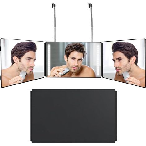 Miroir 360 Coiffure Homme, 3 Faces, Pliable à 360°, Réglable Hauteur，Miroir Cheveux sans LED, Miroirs à Suspendre, Miroirs Barbier, 3 Voies pour Homme Femme, Maquillage Rasage Coiffure (1/5)