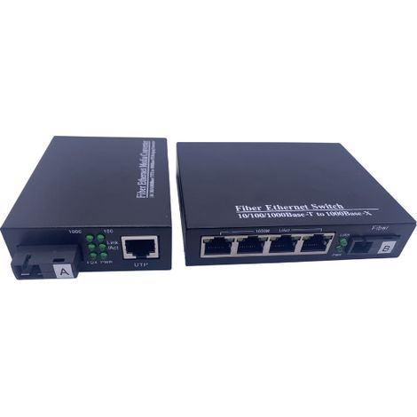 Elfcam Glasfaser-Ethernet-Konverter – 2er-Set – SC Singlemode, 1× SFP-Port + 4× RJ45-Ports, bis zu 20 km – Inkl. SFP-Modul