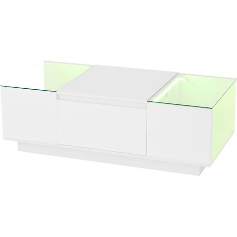Table basse moderne blanche 105x50x35 cm avec LED multicolore, 2 tiroirs et plateau en verre (1/5)