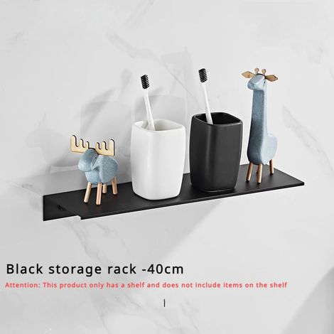 (noir 40 cm) Étagère murale minimaliste noire monobloc en aluminium, support pour miroir de salle de bain, fixation murale pour WC et douche. (1/5)