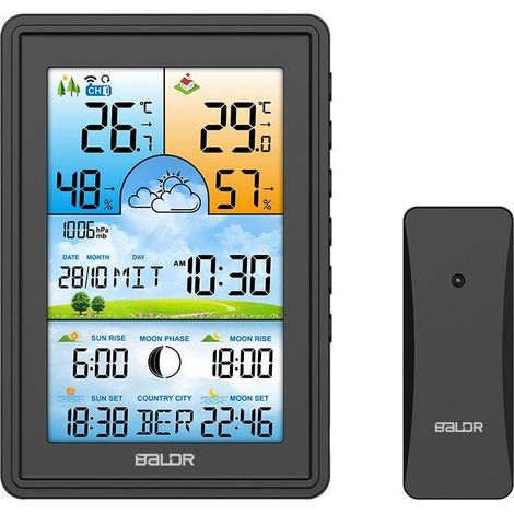 Stazione meteorologica wireless con termometro, igrometro, orologio, calendario delle fasi lunari, sveglia con funzione snooze, colore nero.