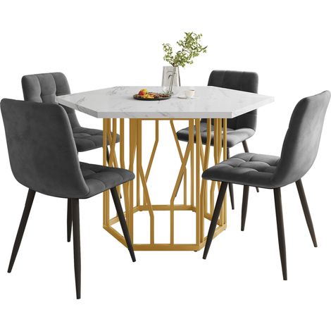 Set tavolo da pranzo 5 pezzi tavolo esagonale effetto marmo e 4 sedie in velluto grigio (1/5)