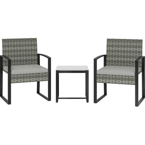 Salon de jardin 2 places en résine tressée gris clair avec 2 fauteuils, table basse en verre trempé et coussins déhoussables, pour balcon ou terrasse  CHICFURN (1/5)