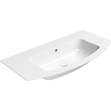 PURA Slim Lavabo en céramique courbé 102x52cm, bord inférieur rainuré, sans trou pour robinetterie, blanc ExtraGlaze (1/3)