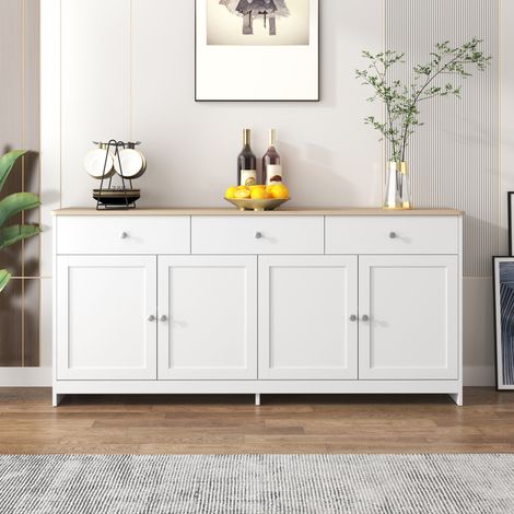 MEUBLIV Aparador 160 cm blanco y madera – 4 puertas, 3 cajones, estantes regulables (1/5)