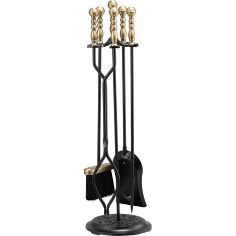 Ensemble d'accessoires de cheminée 5 pièces, pince, pelle, brosse et tisonnier, fer forgé noir, foyer et insert (1/5)