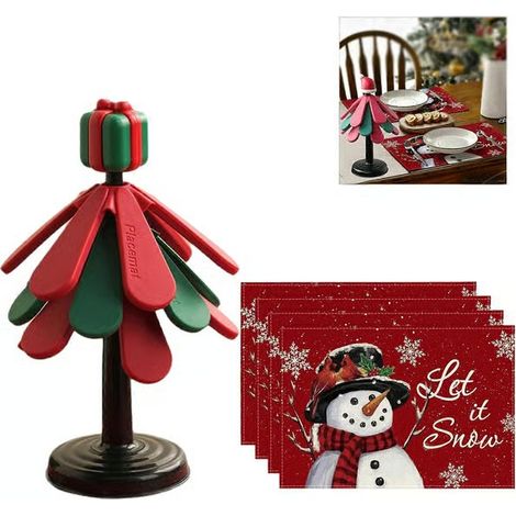 Sous-tapis de sapin en silicone avec 4 sets de dessous de table, décoration de table de Noël résistante à la chaleur (1/5)