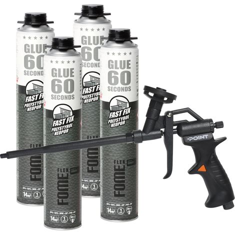 Lot de 4 mousses adhésives polyuréthane FOME FLEX Fast Fix 60 s 850 ml + pistolet à mousse POINT BLACK professionnel (1/5)