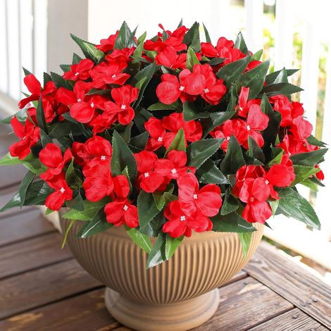 Lot de 4 bouquets de fleurs artificielles d'extérieur en soie, faux géraniums impatiens pour extérieur et intérieur, plantes artificielles résistantes aux UV pour maison, jardin, vase (1/5)
