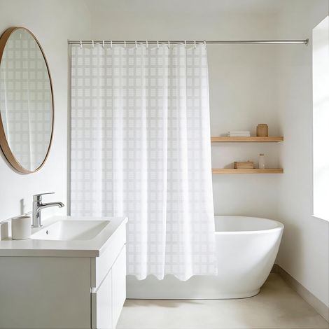 Rideau de Douche Court Hauteur 150cm, Motif géométrique Blanc Rideau de Douche Court résistant aux moisissures, Ourlet lesté Étanche, Largeur 180 x Hauteur 150cm (1/5)