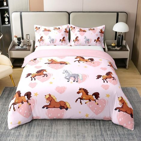 Parure de lit 100 % coton avec housse de couette 155 x 220 cm et 1 taie d'oreiller, motif de cheval au galop, pour chambre à coucher, rose pastel (1/5)