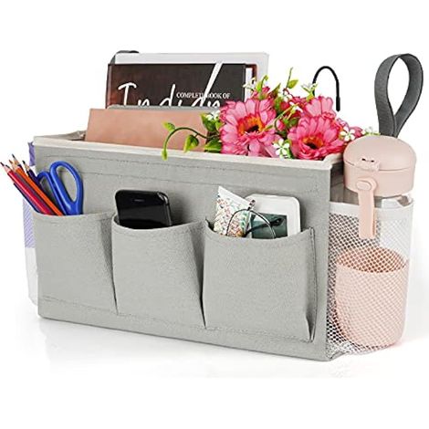 Lilithye Organiseur de chevet avec sangles fixes et porte-bouteille d'eau pour la maison, l'université, le dortoir, le lit superposé/d'hôpital, rails de lit de berceau (gris) (1/5)