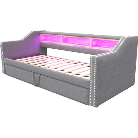 Lit rembourré, canapé-lit extensible 90/180 x 190 cm, espace de rangement multifonction, éclairage LED et prise USB, avec sommier à lattes, gris clair (1/5)