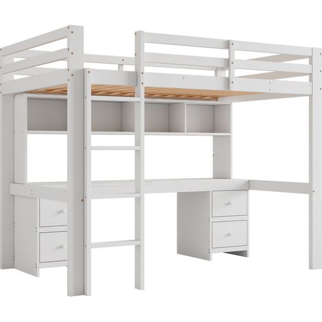Cama alta infantil 90 x 200 cm con escritorio y almacenaje, pino y MDF, blanca (1/5)