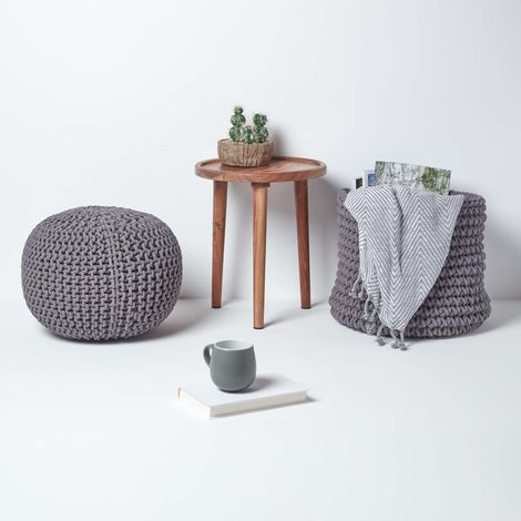 HOMESCAPES Sea Grey Round Cotton Knitted Pouffe Footstool (1/5)