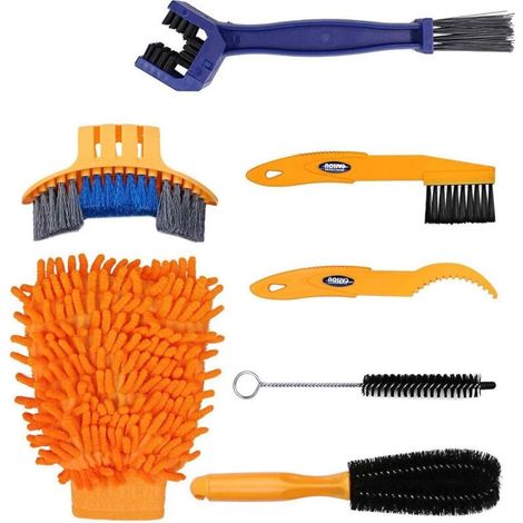 Kit de nettoyage de vélo 7 pièces, brosses de nettoyage pour chaîne/pneu/pignon, anti-taches et anti-saleté, idéal pour la montagne (1/5)