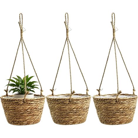 Lot de 3 pots de fleurs suspendus en jonc de mer naturel - Pots de fleurs tissés à la main avec style bohème - 20 cm - Idéal pour l'intérieur et la décoration (1/5)