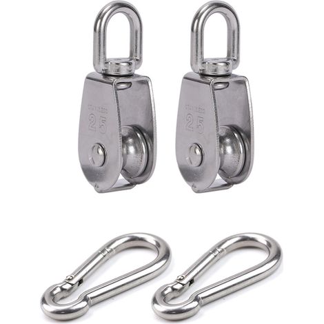 Lot de 4 palans - 2 poulies M25 et 2 mousquetons M6 - Poulies de renvoi pour cordes en acier inoxydable - Charge maximale : 150 kg - Pour voile d'ombrage - Poulie de renvoi en acier inoxydable (1/5)