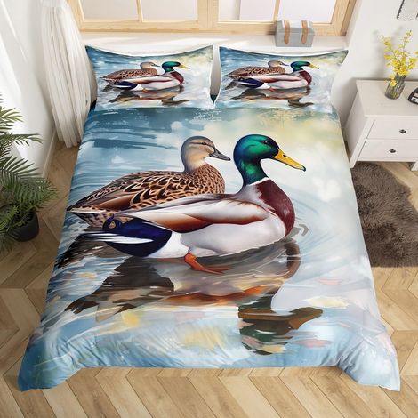 Housse de Couette 140x200 Canard Colvert, Parure de Lit Chasseur de Canard, Sets de Housses de Couettes Animaux Sauvages, Couvre Lit Aquarelle Peinture À l'huile Art, 2 Pièces - 140x200cm + 1 Taie Ore (1/5)