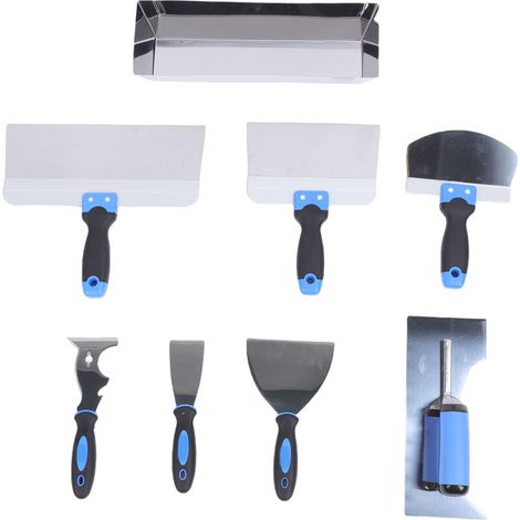 Kit d'outils à main pour plaques de plâtre - 14 en 1 : 8 pièces en acier inoxydable comprenant un couteau à joints, des couteaux à enduire, un grattoir et un bac à enduit. (1/5)