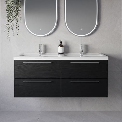 Napoli 390 Nero Oak 1200mm Wall Mounted 4 Drawer Vanity Unit with Double Lucia Basins - 1200mm - Chrome 320mm Handle