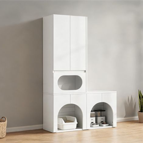 Meuble blanc pour chats avec rangement 2 litières griffoir 140 x (1/5)