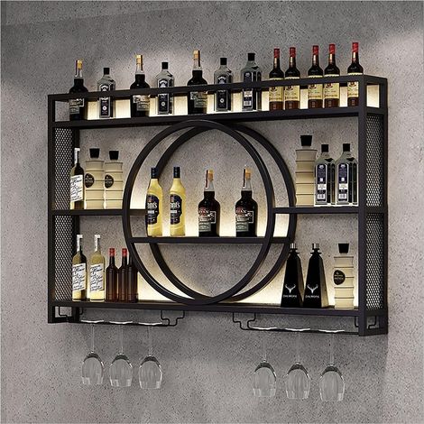 1 Porte-bouteille Mural, Fer, Lumière LED Intégrée, Étagère À Vin, Design Industriel, Pour Cave, Bar, Cuisine