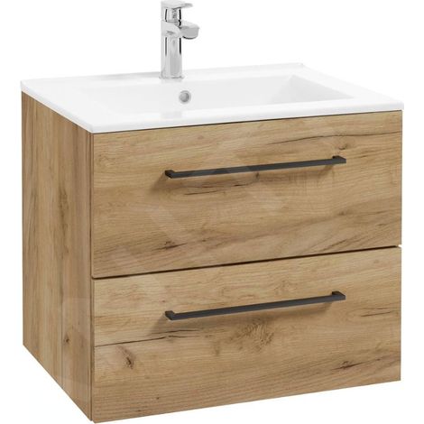 Kielle – Meuble avec vasque simple 60x46 cm – 2 tiroirs avec fermeture automatique – Chêne doré – Lavabo céramique blanc – 50018S61