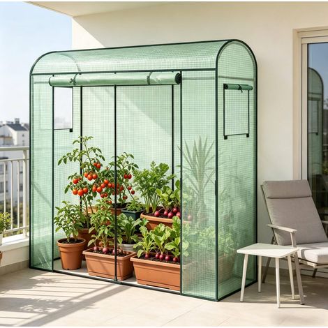Serre de jardin 170x68x200 cm verte en polyéthylène et acier avec toit courbé et ventilation 360° (1/3)