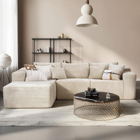 Modulares Ecksofa L-Form Cordstoff mit Schlaffunktion, Beige (1/5)