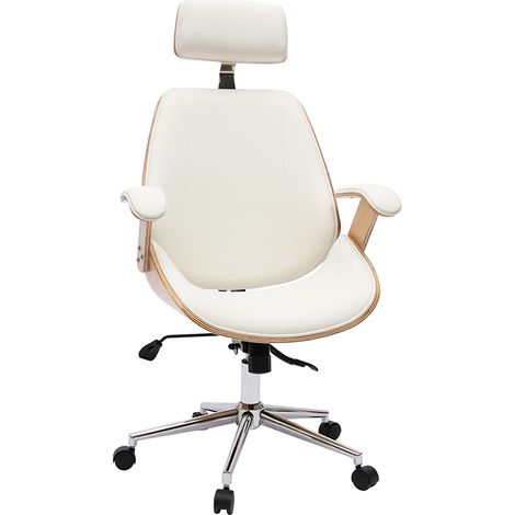 Sillón de oficina de dirección de diseño blanco, madera clara y acero cromado MUSK