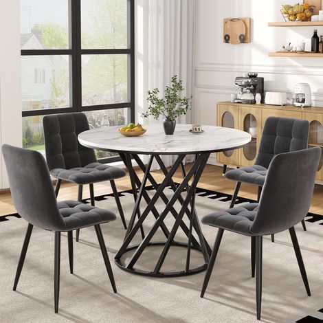 Ensemble table ronde 80cm (5 pièces) - MDF blanc/pieds noirs + 4 chaises velours - Moderne (1/5)