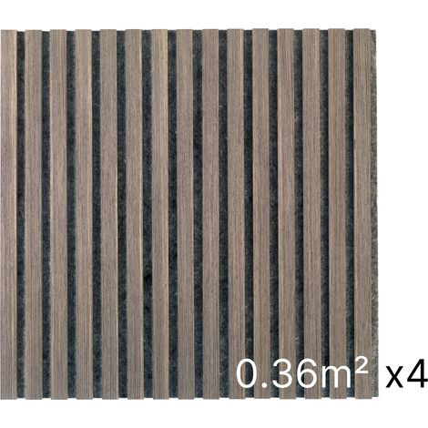 Lot 4 Panneaux Muraux Acoustiques en Bois - 60x60cm - Chene Fonce - A Lattes - Panneau Tasseau de Bois Naturel (1/5)
