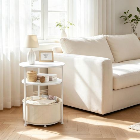 Table d’appoint ronde avec panier de rangement, 43 x 56 cm, tissu et métal, blanche (1/5)