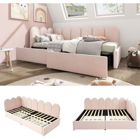 Lit coffre 1 place - SOGEU - Lit capitonné - 90 x 190 cm - Velours rose - 2 tiroirs de rangement (1/5)