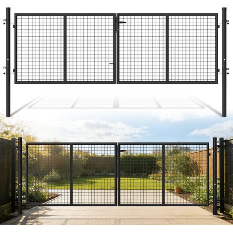TolleTour Cancello da giardino a doppia anta - Antracite 300x100cm - Cancelletto in rete metallica - con maniglia, serratura, chiavi e chiusura a terra Acciaio