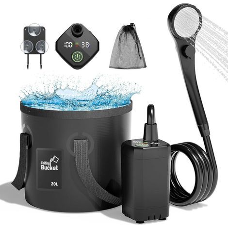 Douche Camping, 6000mAh Pompe de Douche Électrique Rechargeable avec Douche Filtrante, Affichage Intelligent de la Température et Pression d'eau réglable pour Camping Randonnée Animaux (1/4)